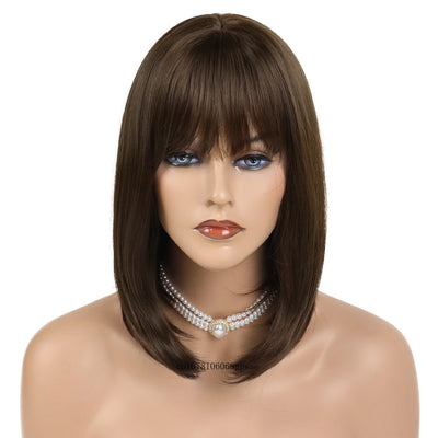 ElegantChic: Real Hair Brown Bob Wig with Bangs