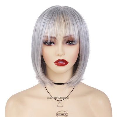 Silver Grey Bob Wig with Bangs - Real Hair, Heat Resistant