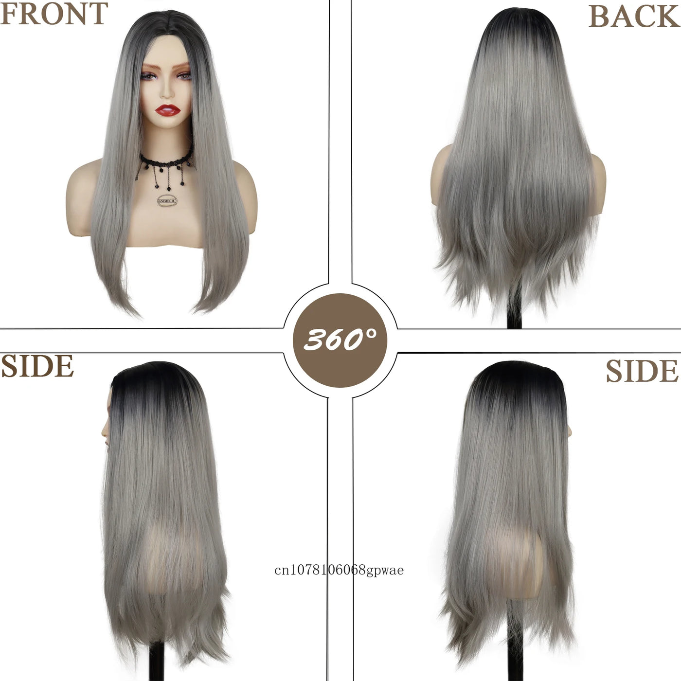 Silver Mirage: Sleek Ombre Grey Wig with Middle Part