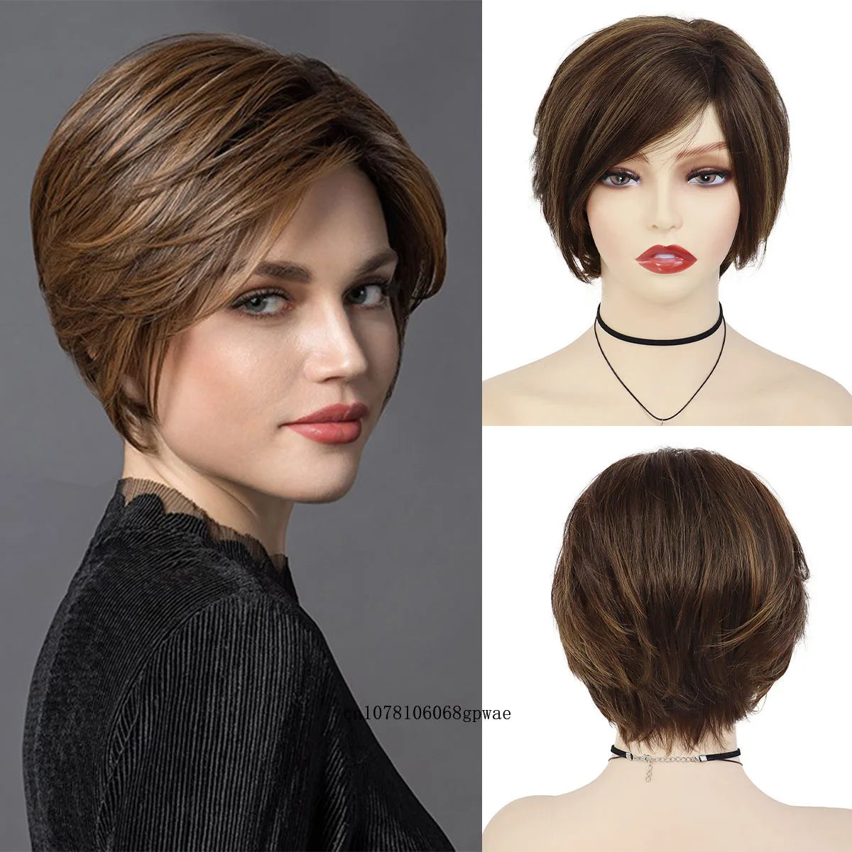 Seductress: Real Hair Brown Short Wig with Bangs: