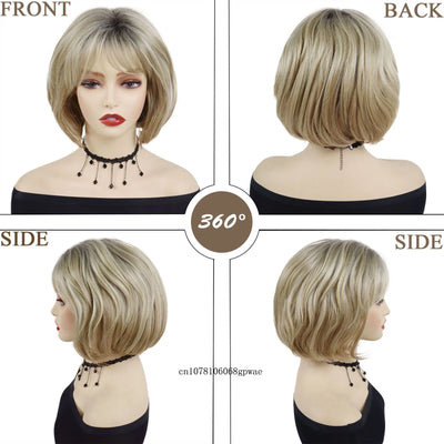 Bob Cut Natuurlijk Synthetisch Haar Pruik Blonde Pruiken met Pony voor Vrouwen Lady Dagelijkse Kleding Feest Verstelbare Kapmaat Hittebestendig