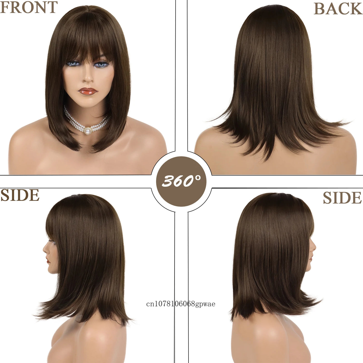 ElegantChic: Real Hair Brown Bob Wig with Bangs