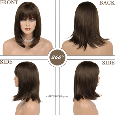 ElegantChic: Real Hair Brown Bob Wig with Bangs