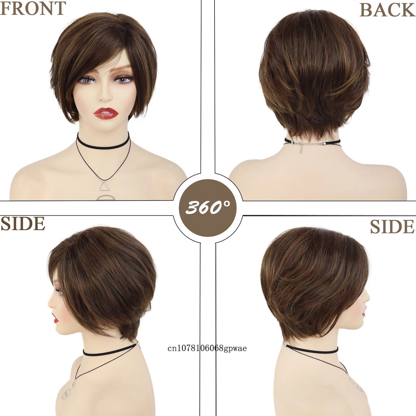 Seductress: Real Hair Brown Short Wig with Bangs: