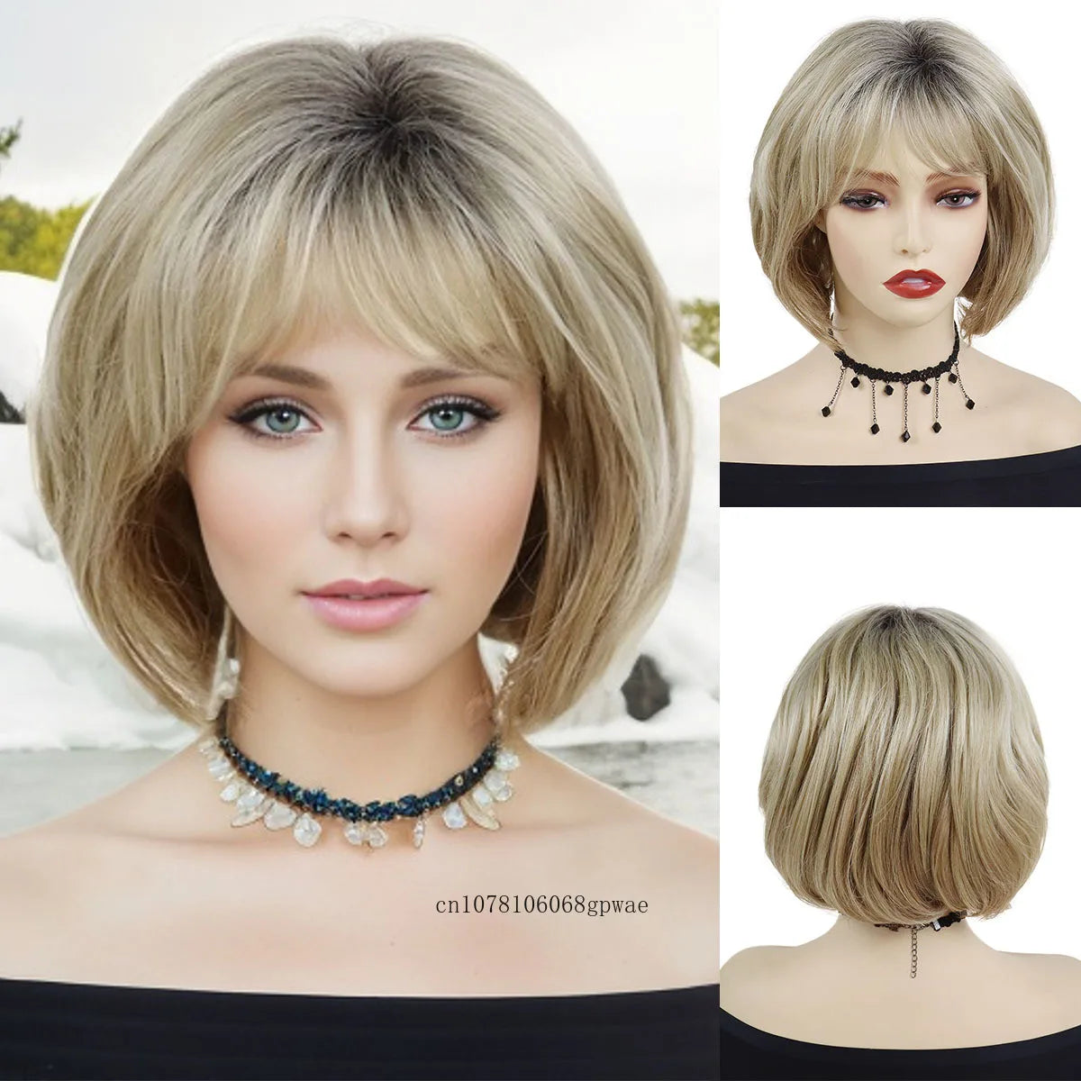 Bob Cut Natuurlijk Synthetisch Haar Pruik Blonde Pruiken met Pony voor Vrouwen Lady Dagelijkse Kleding Feest Verstelbare Kapmaat Hittebestendig