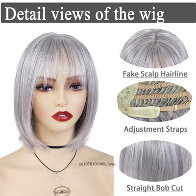 Silver Grey Bob Wig with Bangs - Real Hair, Heat Resistant