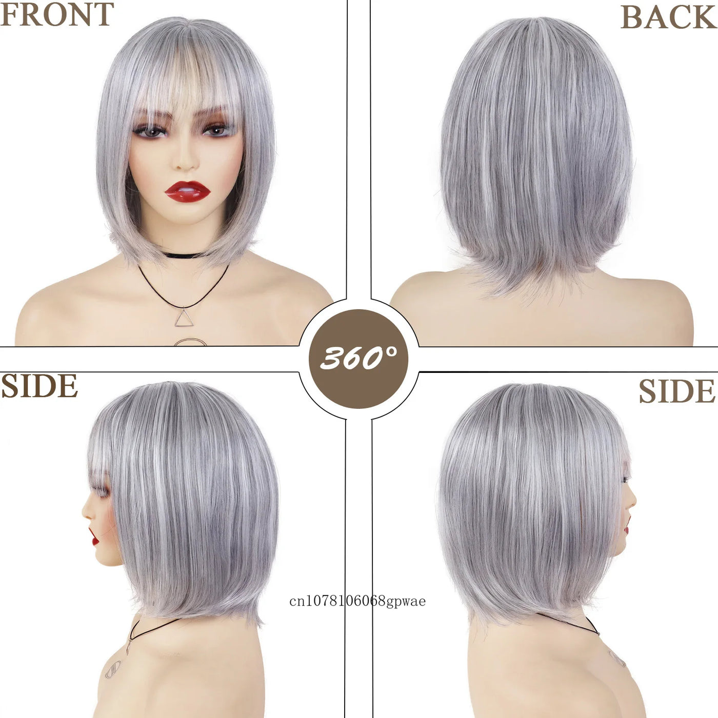 Silver Grey Bob Wig with Bangs - Real Hair, Heat Resistant