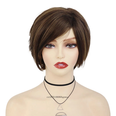 Seductress: Real Hair Brown Short Wig with Bangs: