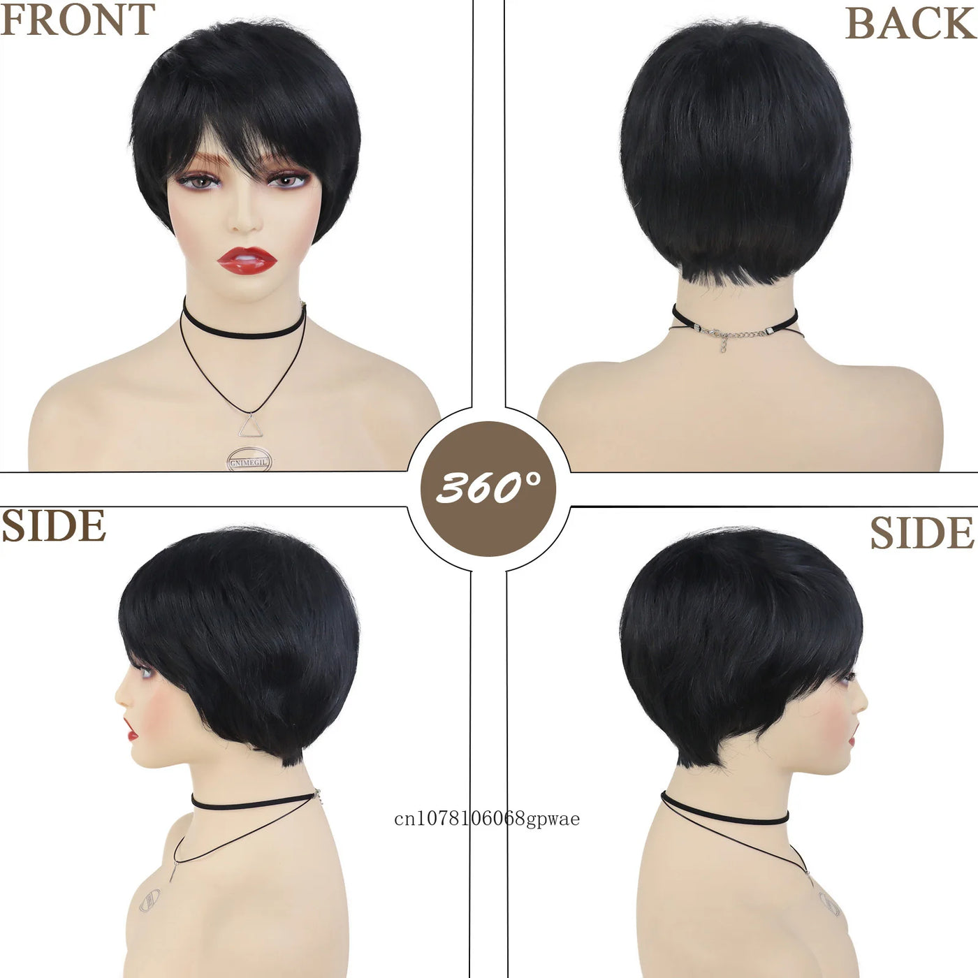 SilkGlam: Real Hair Black Bob Wig with Bangs